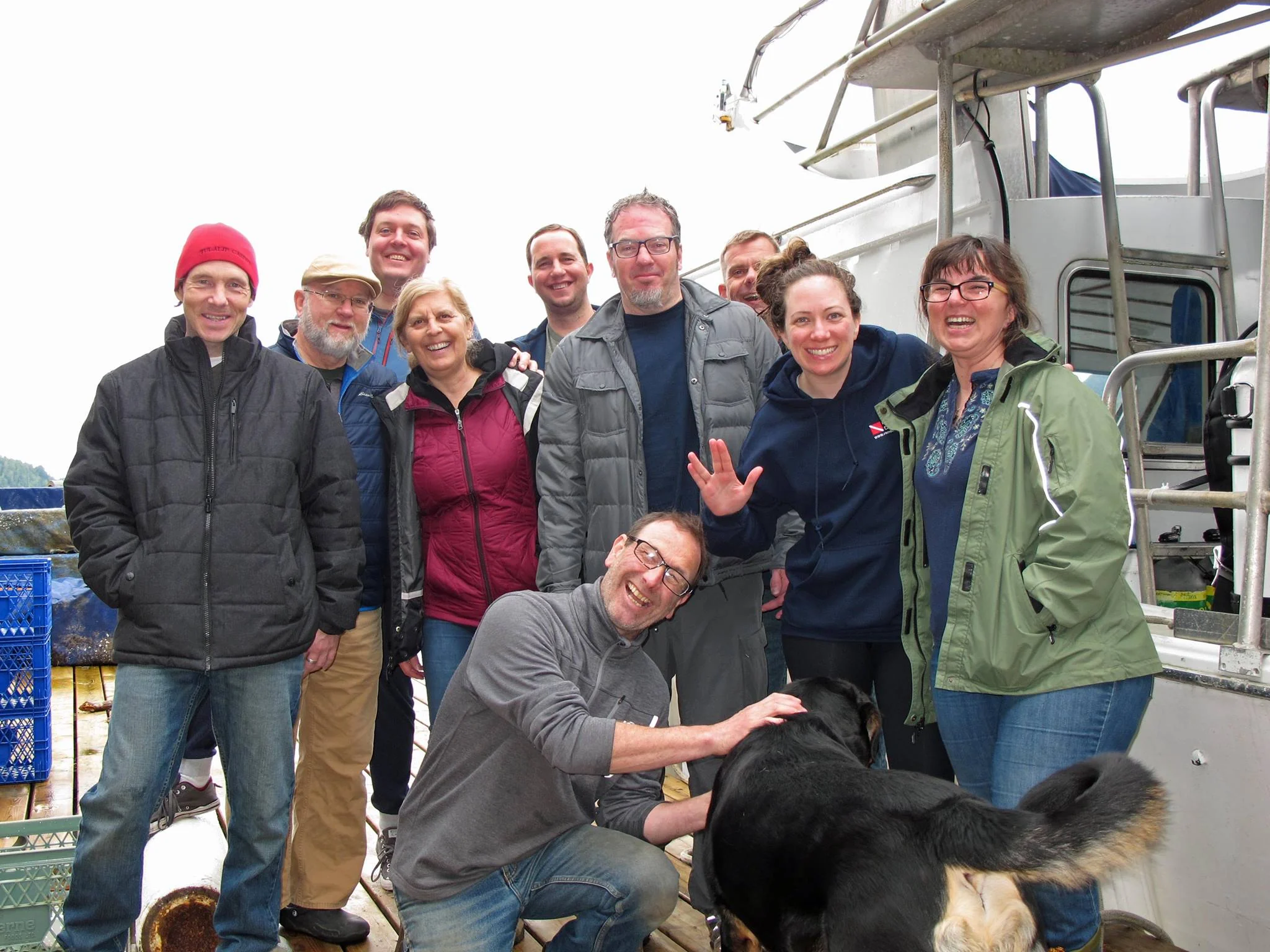 Happy divers with Captain Peter Mieras on the dive boat in Barkley Sound. Photo provided by Scuba Jess.