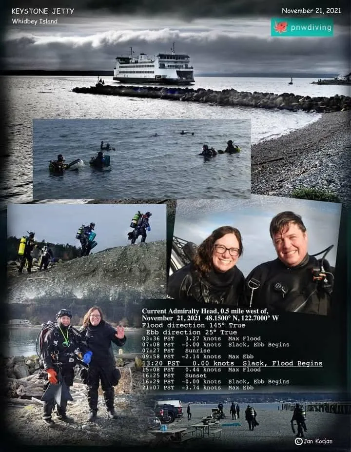 A November 2021 trip to Keystone Jetty โ divers gearing up, in the water, and the CoupevilleโPort Townsend ferry. Collage by Jan Kocian.