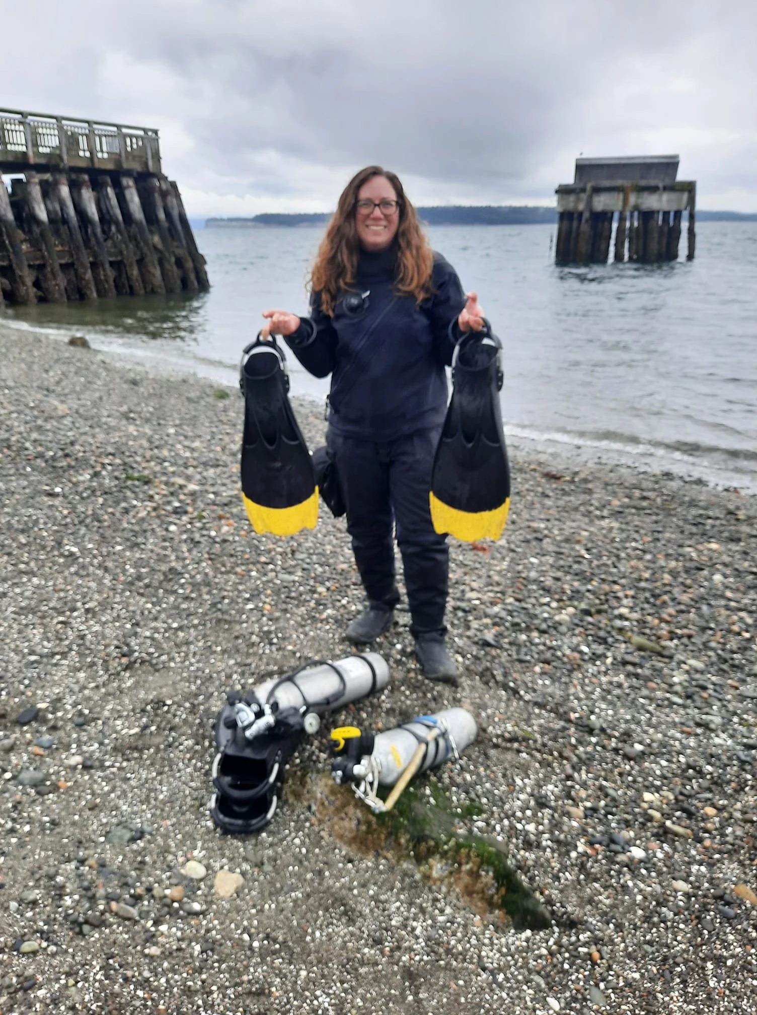 Scuba Jess getting ready to dive the reef at Point Hudson in Port Townsend, WA. Photo provided by Scuba Jess.