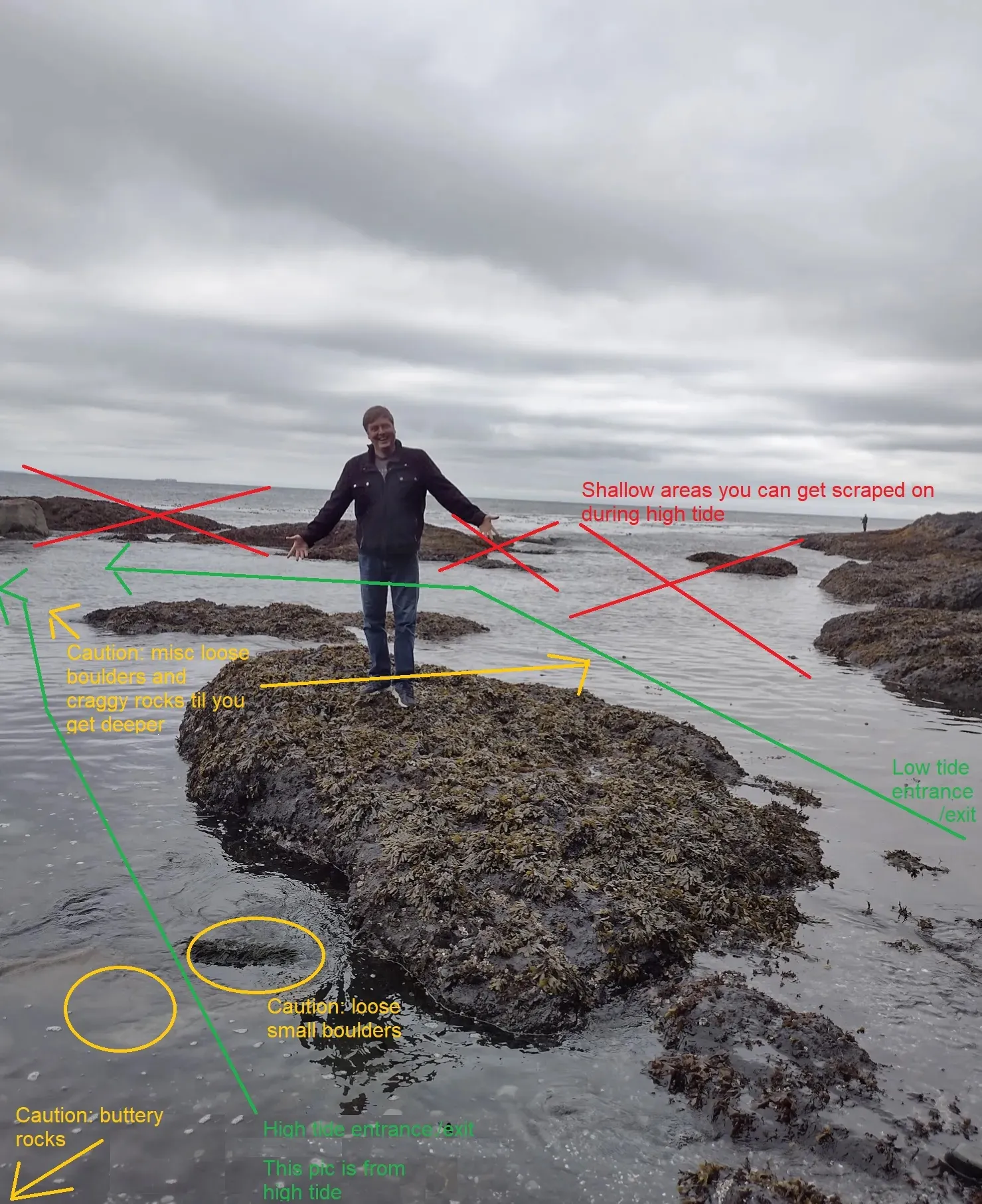 Salt Creek entrance at low tide. Apologies for the small font. In short: go the green way, not the red way. Hazards are marked in yellow.